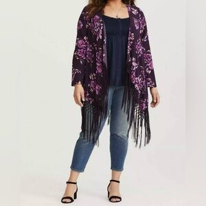 Torrid Purple Floral Print Fringe Kimono Duster NWT Size 3